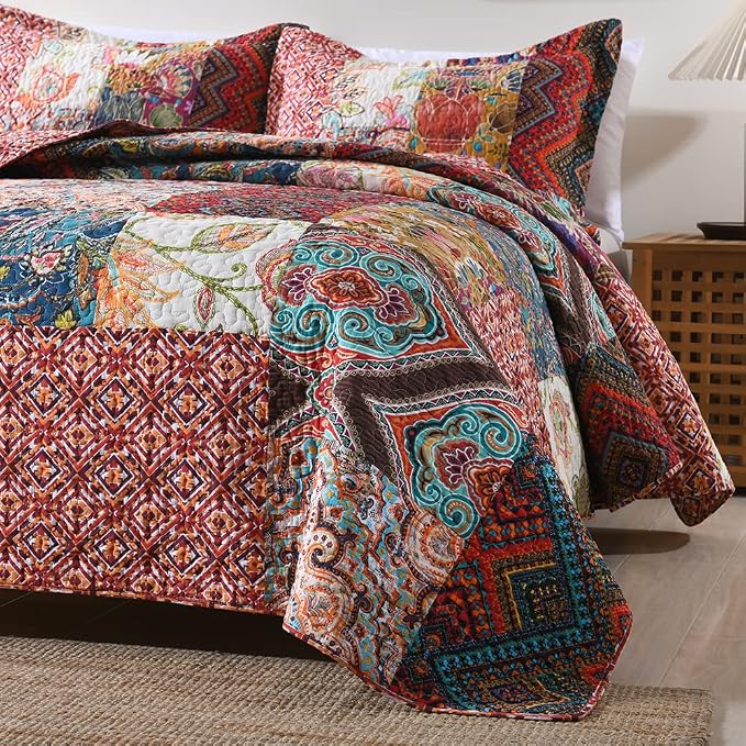 Autumn Dream Cotton Patchwork Bedspread Quilt Sets, Reversible Bedding Coverlet - Image 4