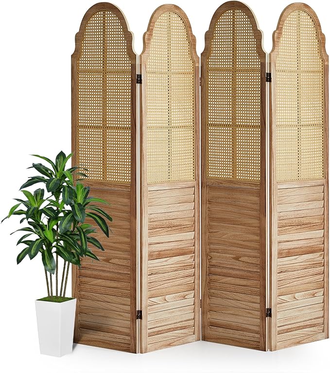 4 Panels Room Divider Wall, Rustic Rattan Room Divider, Wood Folding Privacy by AsNefeli