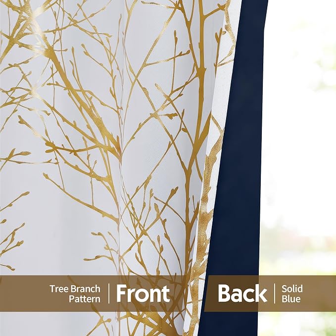 FMFUNCTEX 100% Blackout Ivory Gold Foil Tree Curtains 84 Inch 2 Panels | - Image 7