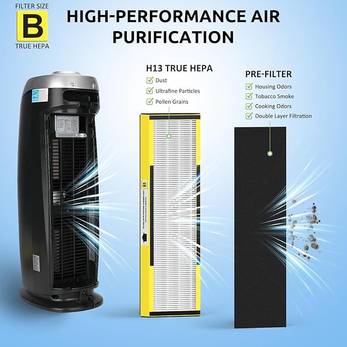 Hfunmo Filter B, FLT4825 Filter Replacement for Guardian AC4825 AC4825E AC4300 AC4800 AC4850 Air Purifier – 2 True HEPA Filters & 6 Pre-Filters (2-Pack)