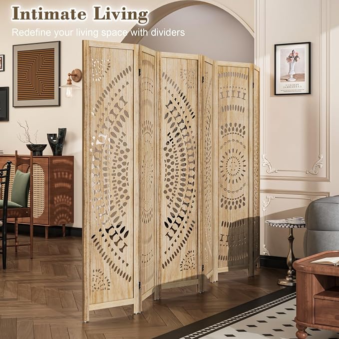 WelFurGeer Handcrafted Carved Wooden Room Divider Screen, Folding Privacy Screen - Image 2