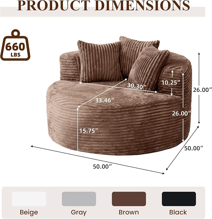 Oversized Round Chaise Lounge Chair Indoor, Modern 50-inch Upholstered Corduroy - Image 2