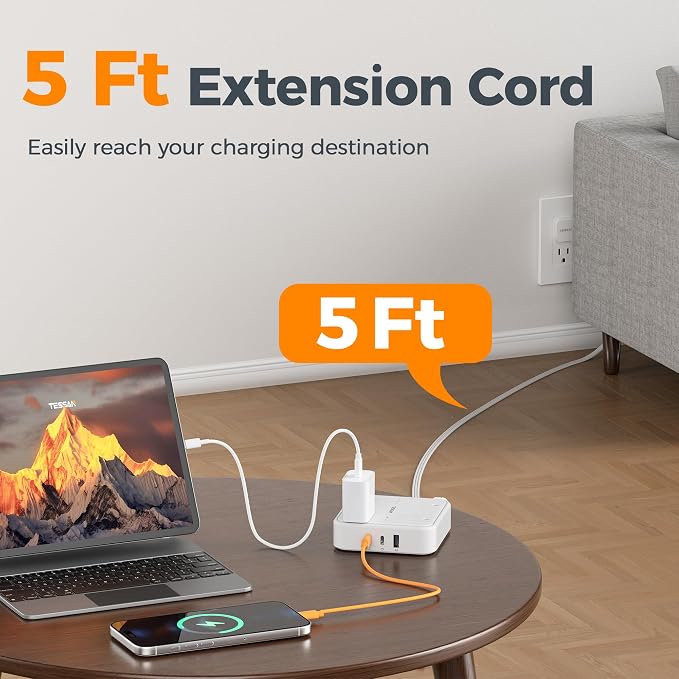 TESSAN Surge Protector Flat Extension Cord 5Ft, Flat Plug Power Strip, | 4 - Image 5