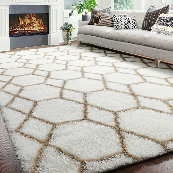 Area Rugs for Bedroom Living Room, Fluffy 4x6 White and Beige Throw Rug - Image 7