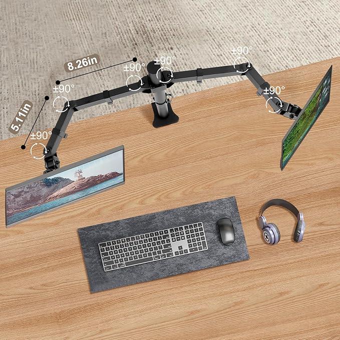 Dual Monitor Desk Mount Easily Set Up，Fully Adjustable Monitor Mount for 2 Monitors Up to 32 Inch,Heavy Duty Dual Monitor Stand Holds up to 22 LBS