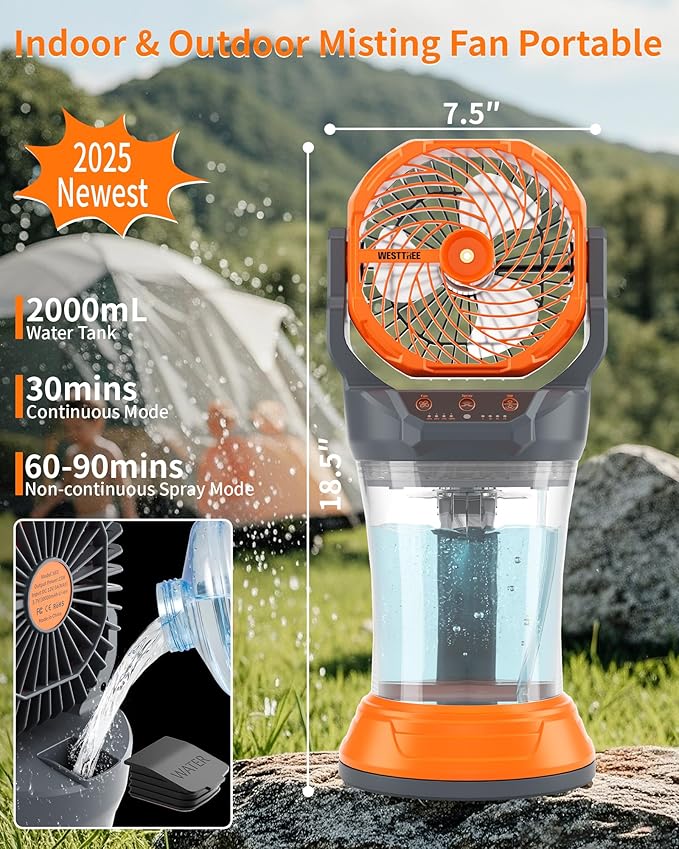 WESTTREE Portable Misting Fan with Larger Battery Fan-Rechargeable Outdoor Misting Cooling Fans with 2L Water Tank,RGB Lights,4 Speeds & Spray Modes-for Patio, Camping, Beach, Workshop (Gray-Orange)