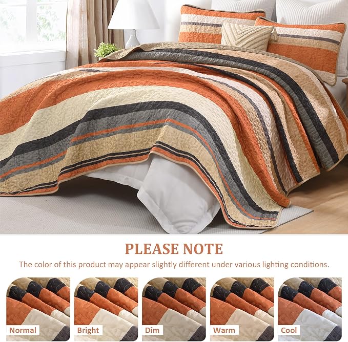 Dobuyly Striped Quilt King Size, Boho Orange Lightweight Bedspread Bedding | - Image 6