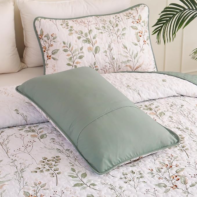 Anibedding Botanical Quilt Set Queen Size Sage Green Print Bedspreads | Green - Image 7