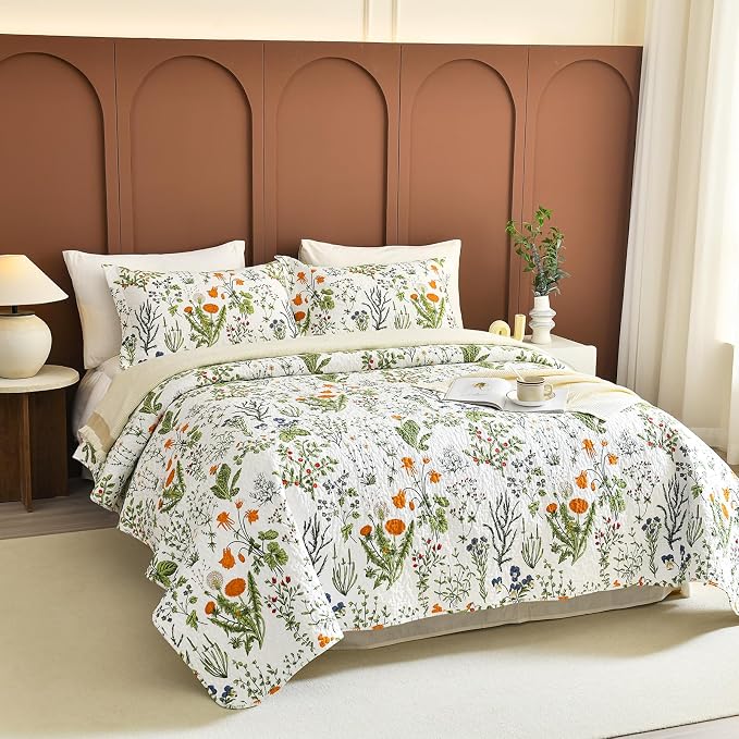QSH 100% Cotton Floral Quilt Queen Set Yellow Flowers Leaves Plants Pattern - Image 8