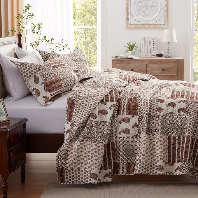 Quilt Set - Full/Queen Size Brown Paisley Patchwork 3 Piece Bedding Set - Image 3