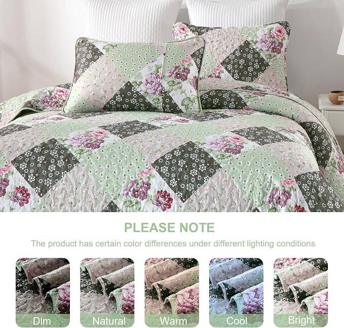Dinjoy Boho Quilt Set King Size, Patchwork Floral Bedspreads, Reversible Summer - Image 7
