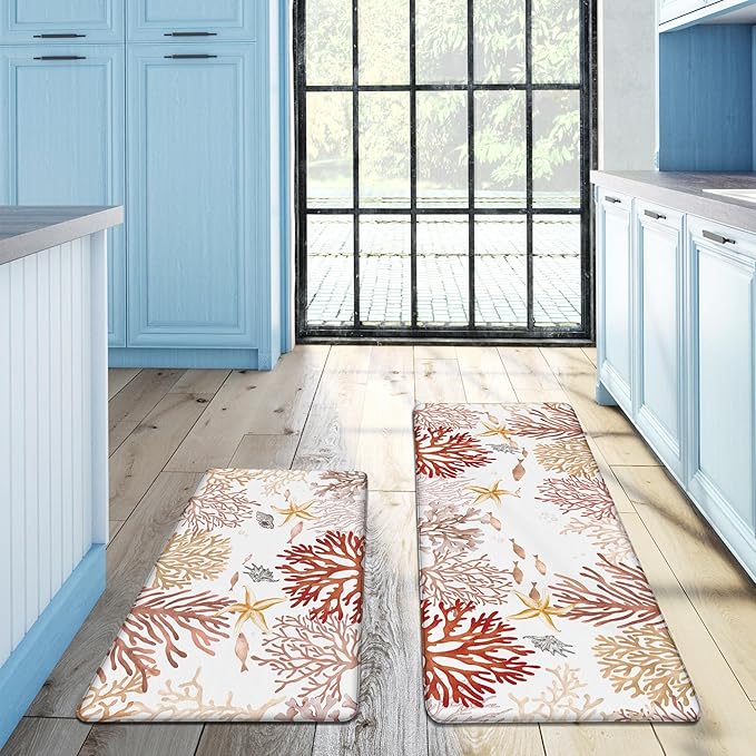 Kitchen Mats for Floor Cushioned Anti Fatigue Sets of 2 Coastal Kitchen Rugs Non Slip Waterproof Nautical Foam Kitchen Floor Rug Beach Theme Coral Fish Comfort Standing Mat for Sink Laundry, Red