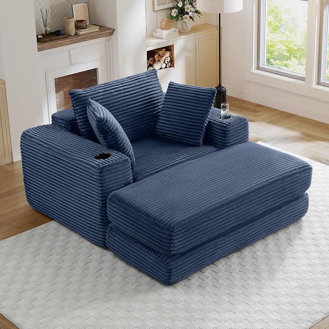 Oversized Chaise Lounge Chair Indoor, 52.4"W Corduroy Upholstered Fluffy Comfy by JEEOHEY