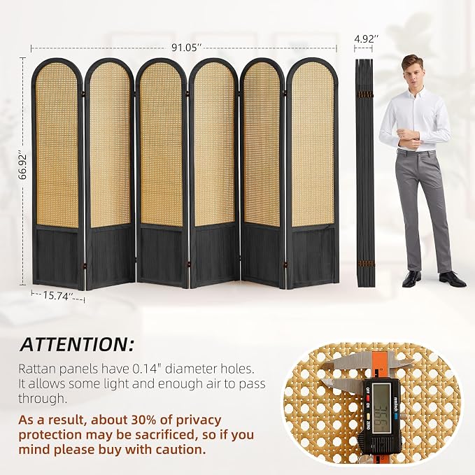 6 Panel Rattan Room Divider Screen, Boho Folding Privacy Screen | Decorative - Image 5