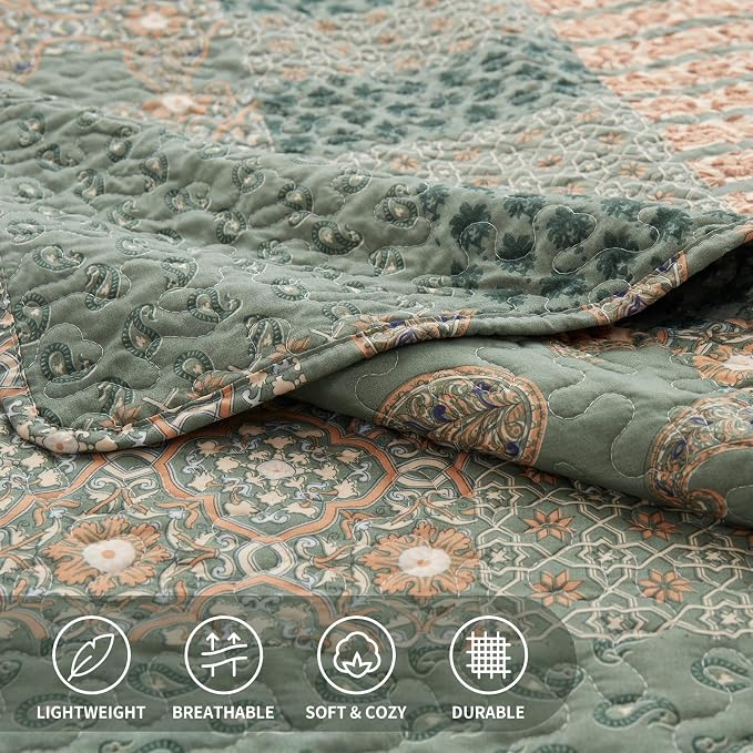 Quilt Set - Full/Queen Size Floral Paisley Olive Green Bedding Set - Image 6