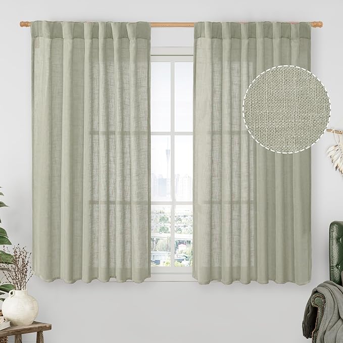 LAMIT Sage Grey Semi Sheer Linen Curtains 45 Inches Long 2 Panels, Light Filtering Panels Back Tab and Rod Pocket Neutral Drapes for Kitchen/Window/Bedroom, 52 x 45 Inch