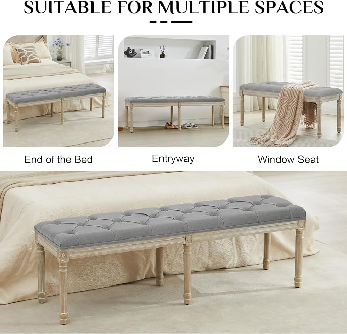 LOULENS 57.7" Linen End of Bed Bench King Size, Light Grey | French, Upholstered - Image 6