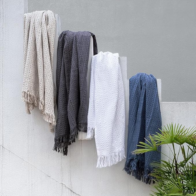 100% Cotton Waffle Queen Blanket with Fringe 90"x90", Pre-Washed Waffle Weave Blanket for All Season, Lightweight Breathable Soft Cozy Throw Blanket for Couch, Bed, Travel (White)