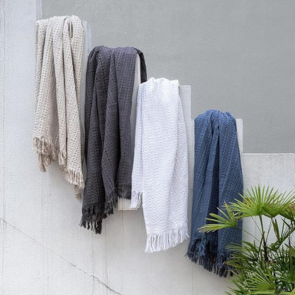 100% Cotton Waffle Queen Blanket with Fringe 90"x90", Pre-Washed Waffle Weave Blanket for All Season, Lightweight Breathable Soft Cozy Throw Blanket for Couch, Bed, Travel (White)