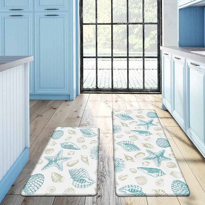 Kitchen Mats for Floor Cushioned Anti Fatigue Sets of 2 Beach Theme Kitchen Rugs Non Slip Waterproof Coastal Foam Kitchen Floor Rug Nautical Seashell Comfort Standing Mat for Sink Laundry, Teal
