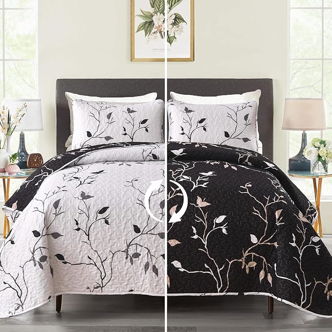 DJY Floral Quilt Set Full/Queen Size 3 pcs Botanical Bedspread, Elegant by HOME