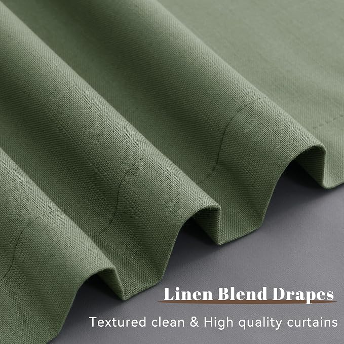 Olive Green 100% Blackout Linen Textured Curtains 92 Inches Long 2 Panels Set - Image 8