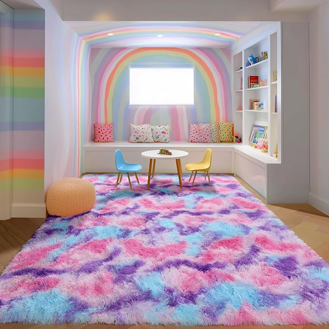 Rainbow Purple Rugs for Girls Bedoom 5x7 Ft, Fluffy Cute Colorful Pastel - Image 5
