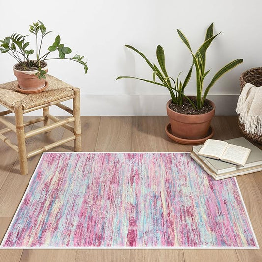 2x3 Modern Abstract Rug for Entryway, Pink Colorful Super Soft Small Area Rug, Washable Non-Slip Kitchen Rugs, Low-Pile Mat for Bedside, Indoor Door Mat