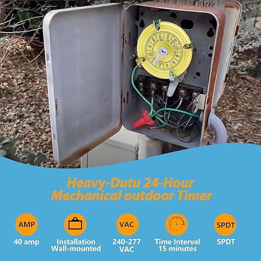 T104M Mechanical Time Switch,208-277 VAC 5HP 40A DPST Time Switch,24 Hour 12 ON/Off,Mechanism Only,Heavy Duty Electromechanical Outdoor/Indoor Timer for Pool Pump and Water Heater Lighting