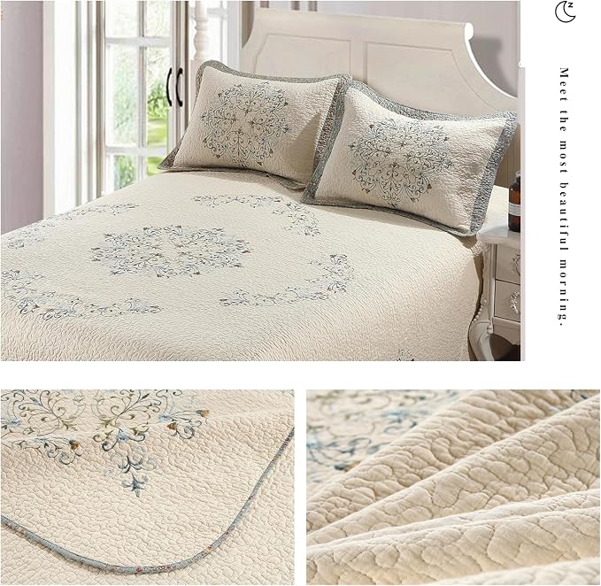 ROOMLIFE Quilt Set King Size 3D Floral Embroidery Pattern 3-Piece Cotton | - Image 2