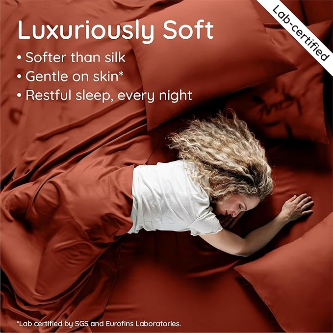 Bambaw Queen Size Fitted Sheet Only, 100% Viscose Derived from Bamboo Fitted Sheet Queen Size, 16’’ Deep Pocket, Breathable & Cooling (Terracotta)