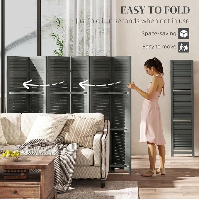 HOMCOM Room Divider with Shelves, 6 Panel, 3 Display Shelves, Folding Storage - Image 4