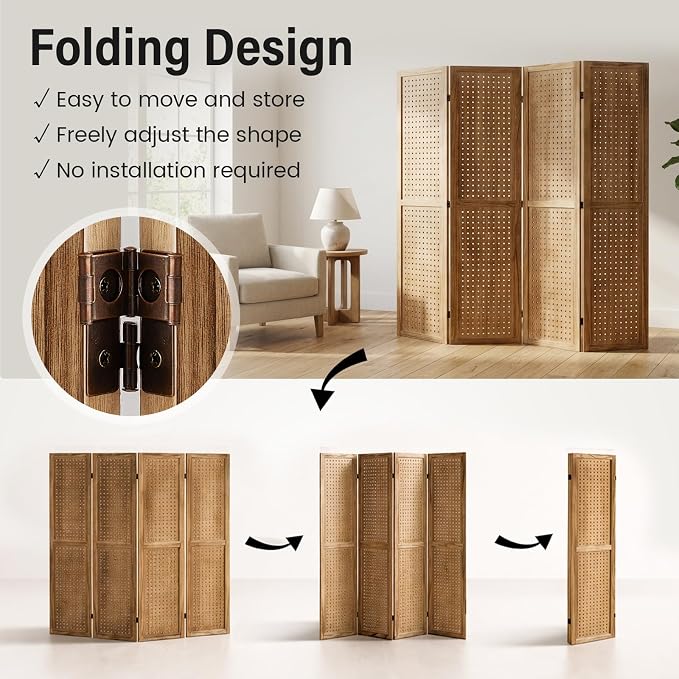 4 Panel Pegboard Room Divider, Folding Privacy Screen, Natural | 5.6 Ft Tall - Image 6