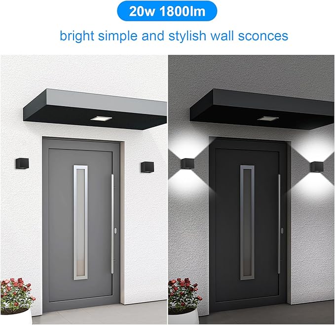ledmo 20W High Power Modern Outdoor Wall Sconce Light Creative Adjustable Beam Square Up and Down Exterior Wall Lights Fixture Anti-Rust Aluminum IP65 6000K 1800LM Black for Patio Garage House 4 Pack