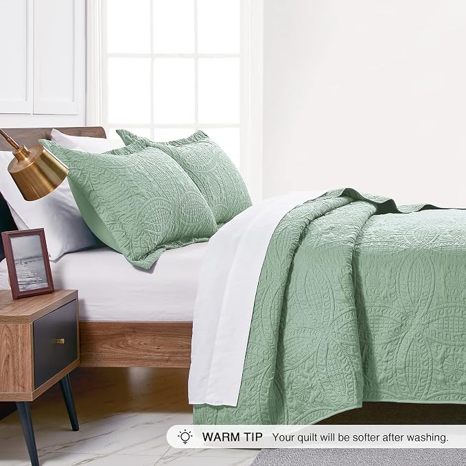 Love's cabin California King Size Quilt Bedding Set Sage Bedspreads - Image 4