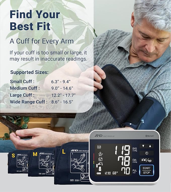 A&D Medical Precision Check Pro Blood Pressure Monitor for Home Use with Bluetooth UA-910BLE - Wide Range Cuff (8.6-16.5" / 22-42cm), 4 Users, iOS & Android Compatible, AC Adapter & Carrying Case