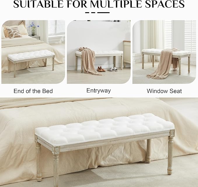 LOULENS 43.9" Linen End of Bed Bench, Vintage Bedroom Bench, Upholstered - Image 6