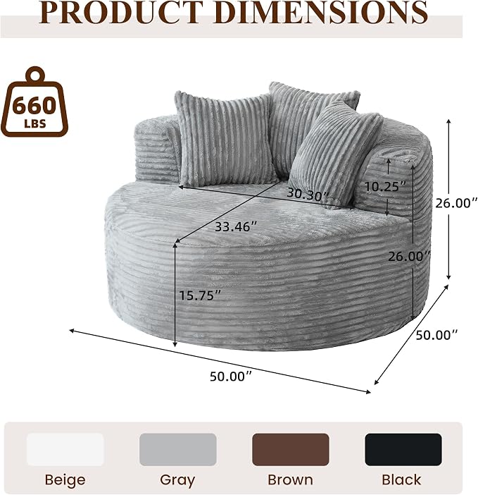 50'' Corduroy Single Foam Couches, Oversized Round Chair - Image 2