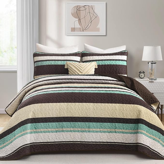 Dobuyly King Size Striped Quilt, Boho Brown Lightweight Bedspread Bedding | - Image 2