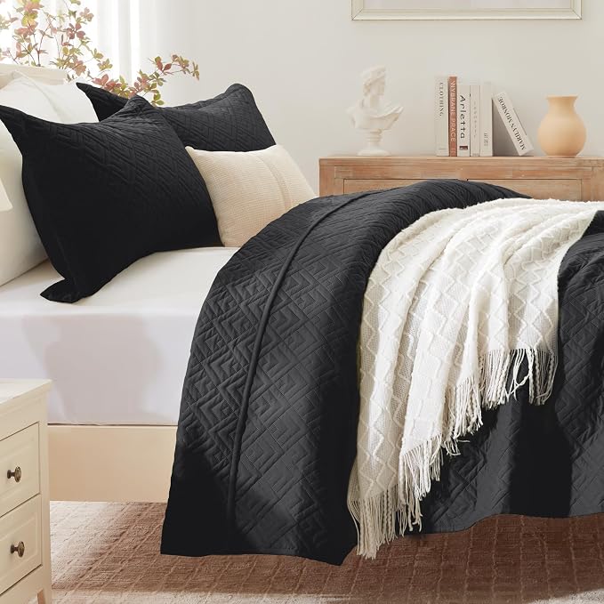 EXQ Home King Size Quilt Set Squares Pattern Bedding Set Lightweight Black | - Image 2
