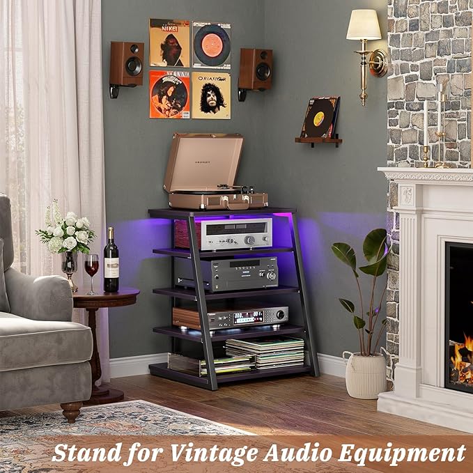 Armocity 5-Tier AV Media Stand with Power Strips, Media Console with LED Lights, Audio Tower Rack with Adjustable Shelves, Stereo Stands and Racks, 40.8'', Black Ebony