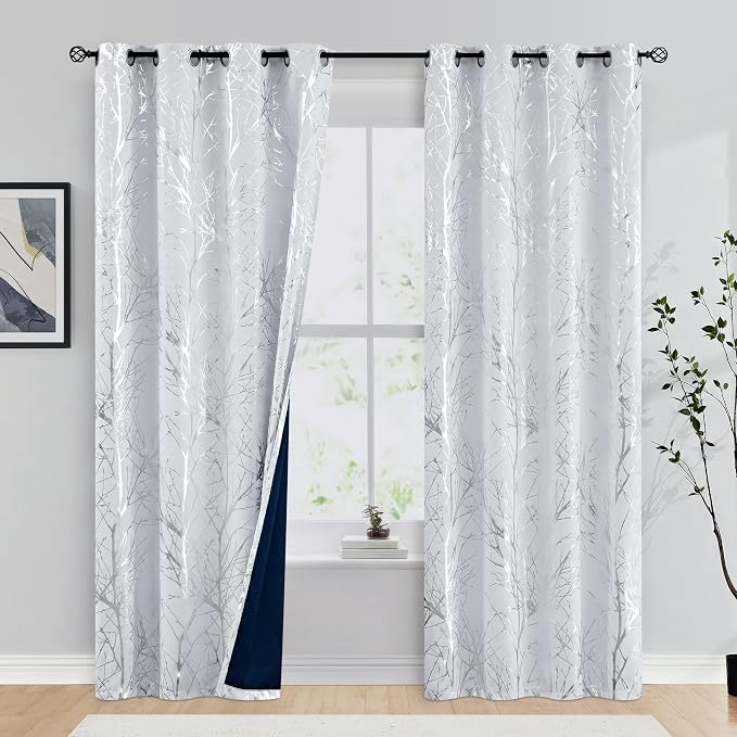 FMFUNCTEX 100% Blackout Ivory Silver Foil Tree Curtains 84 Inch 2 Panels | - Image 2
