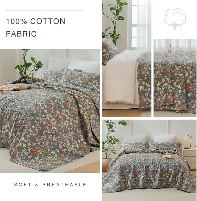QSH 3Pcs Oversized King Quilt Bedspread Set-100% Cotton Floral Quilt California - Image 7