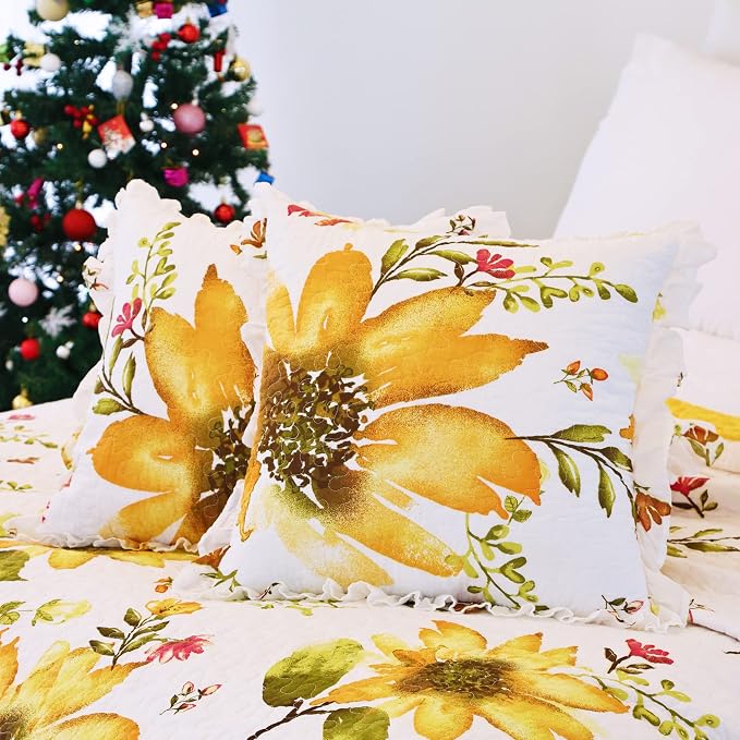 EVENHUG 100% Cotton Quilt Twin Size Yellow Sunflower Bedding Set Floral - Image 9