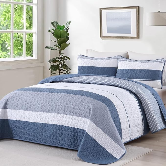 Dinjoy California King Striped Quilt, Mineral Blue Lightweight Bedspread | Soft - Image 2