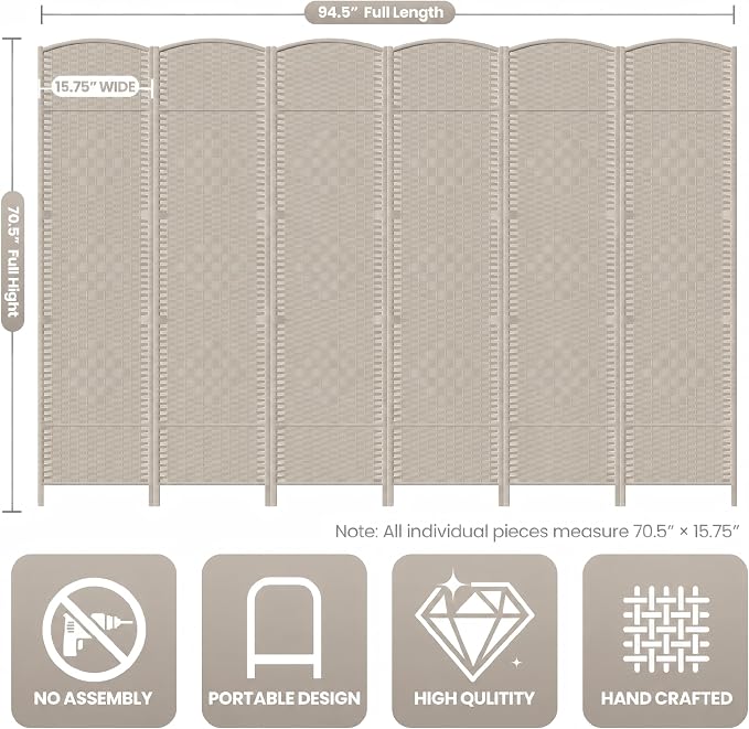 6 Panel Folding Room Divider, Woven Privacy Screen, handcrafted diamond pattern - Image 3