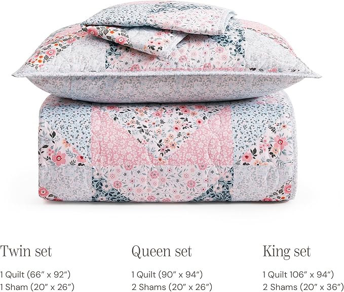 King Quilt Set-3 Pieces Soft Bedding Lightweight Floral Patchwork Coverlet | - Image 8