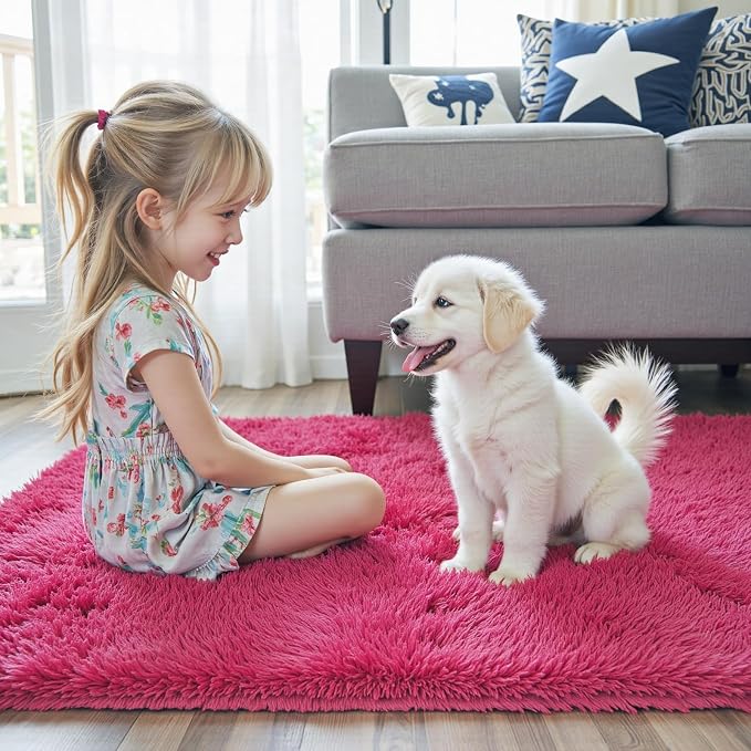 4x6 Area Rugs for Bedroom, Hot Pink Soft Fluffy Shag Bedside Rugs | Non-Slip - Image 2
