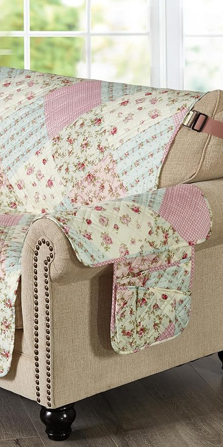 Brilliant Sunshine Pink & Green Roses Couch Armrest Cover, Armrest Organizer & - Image 6