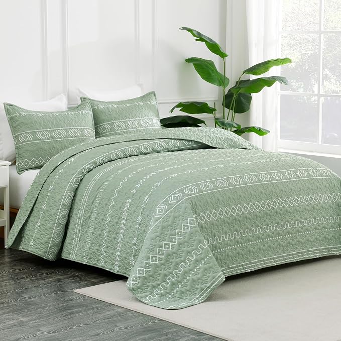 Sage Green King Size Quilt Set, 3 Pieces Boho Striped Bedspread | Soft - Image 2